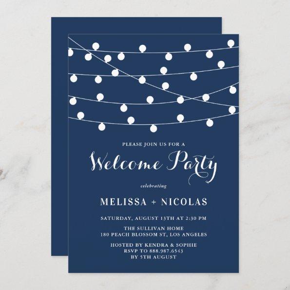 Whimsical String Lights Navy Blue Welcome Party Invitations