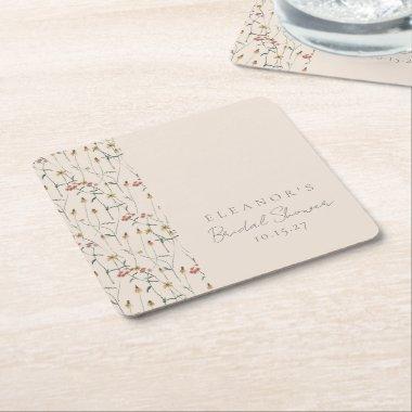 Whimsical Wildflower Floral Custom Bridal Shower Square Paper Coaster