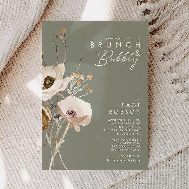 Whimsical Wildflower Sage Green Brunch and Bubbly Invitations