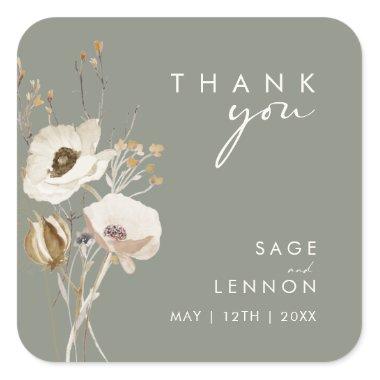 Whimsical Wildflower Sage Green Thank You Sticker