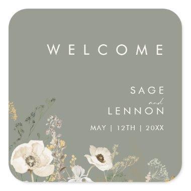 Whimsical Wildflower Sage Wedding Welcome Sticker