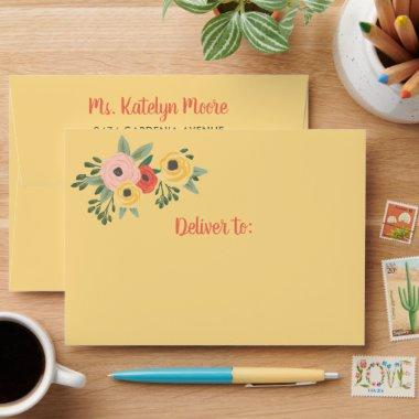 Whimsical Yellow Watercolor Floral Pattern Wedding Envelope