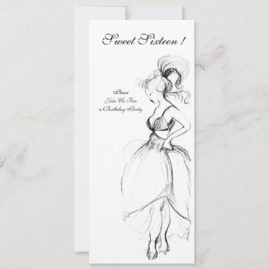 WHIMSICAL YOUNG GIRL SWEET 16 PARTY Black White Invitations