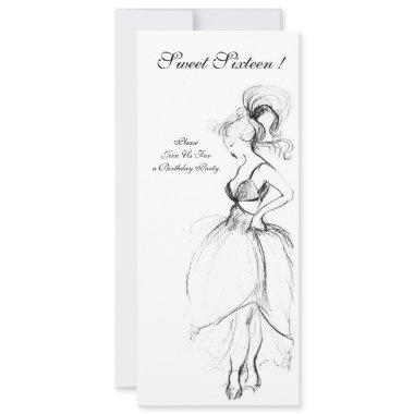 WHIMSICAL YOUNG GIRL SWEET 16 PARTY Black White Invitations