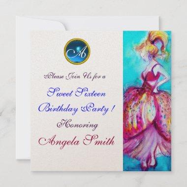 WHIMSICAL YOUNG GIRL SWEET 16 PARTY GEM MONOGRAM Invitations