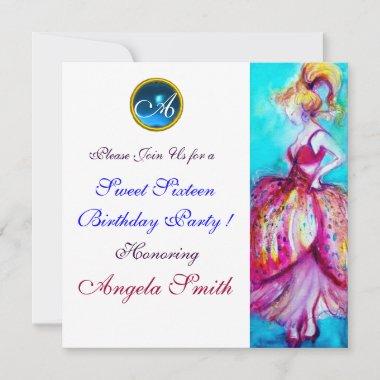 WHIMSICAL YOUNG GIRL SWEET 16 PARTY GEM MONOGRAM Invitations