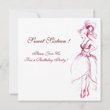 WHIMSICAL YOUNG GIRL SWEET 16 PARTY,red pink white Invitations