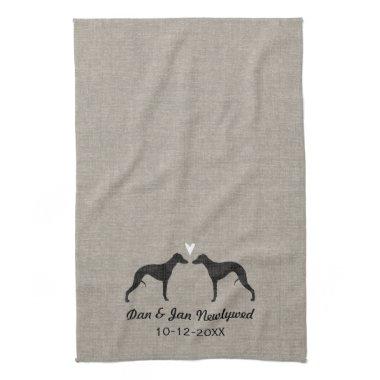 Whippet Silhouettes with Heart and Text Kitchen Towel