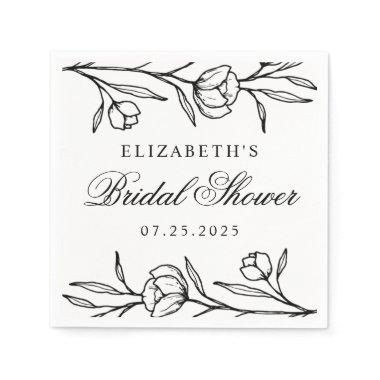 White and Black Sketched Floral Bridal Shower Napkins