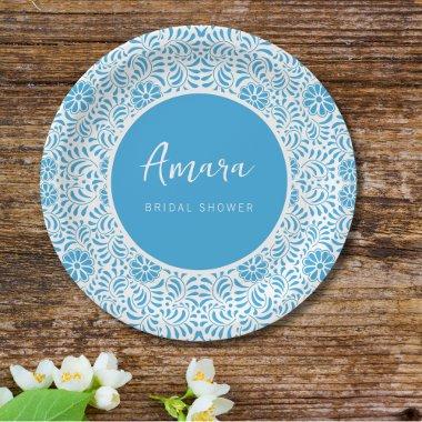 WHITE AND BLUE TALAVERA BRIDAL SHOWER PAPER PLATES