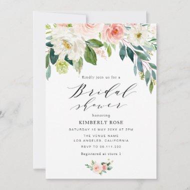 white and blush pink floral bridal shower Invitations