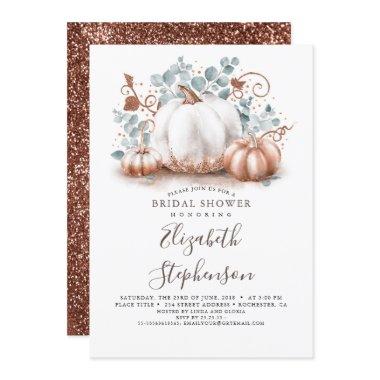 White and Rose Gold Pumpkins Fall Bridal Shower Invitations