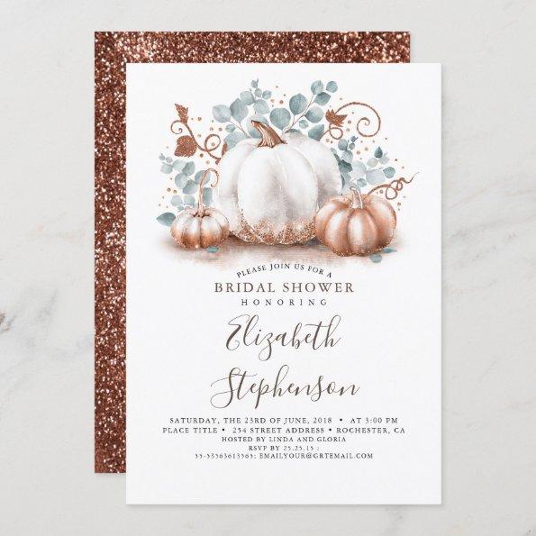 White and Rose Gold Pumpkins Fall Bridal Shower Invitations