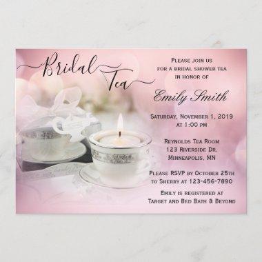 White and Silver Teacup on Pink Bridal Shower Tea Invitations