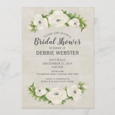 White Anemone Floral Wedding Bridal Shower Invitations