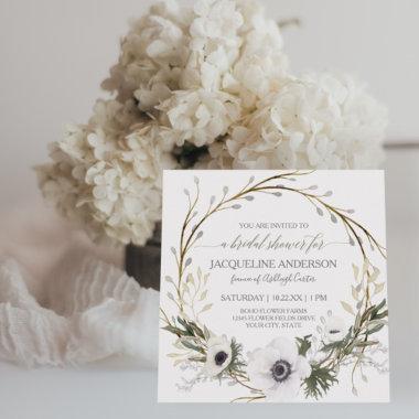 White Anemone Twig Fern Eucalyptus Bridal Shower Invitations