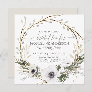 White Anemone Twig Fern Eucalyptus Bridal Tea Invitations