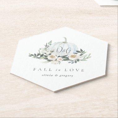 White Autumn Pumpkin Greenery "Fall in Love" Paper Coaster