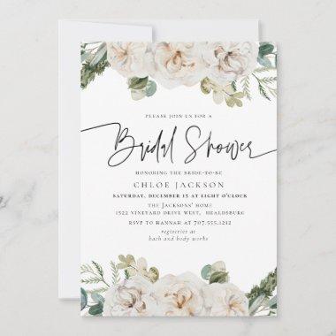 White Beige Floral Winter Greenery Bridal Shower Invitations