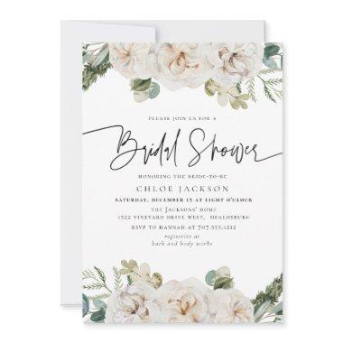 White Beige Floral Winter Greenery Bridal Shower Invitations