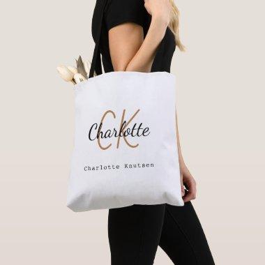 White black gold monogram name initials tote bag
