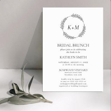 White Black Leaf Wreath Monogram Bridal Brunch Invitations