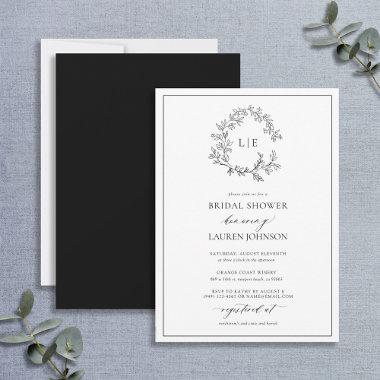 White Black Leafy Crest Monogram Bridal Shower Invitations