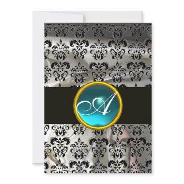 WHITE BLACK SILK DAMASK TEAL BLUE GEM MONOGRAM Invitations