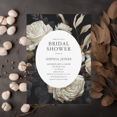 White Bloom Dried Leaves Dark Bridal Shower Invitations