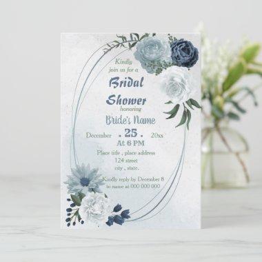 white blue floral greenery geometric bridal shower Invitations