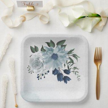 white & blue floral greenery wedding paper plates