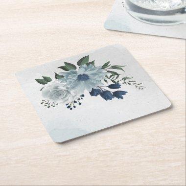 white & blue floral greenery wedding square paper coaster