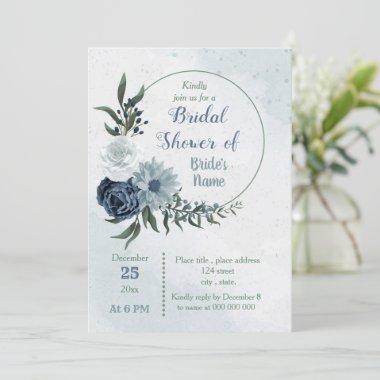 white & blue floral greenery wreath bridal shower Invitations
