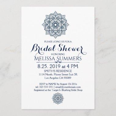 White & Blue Floral Mandala Bridal Shower Invite