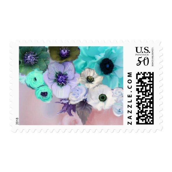 WHITE BLUE ROSES AND ANEMONE FLOWERS IN PINK POSTAGE