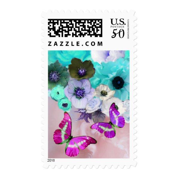 WHITE BLUE ROSES,ANEMONE FLOWERS ,PINK BUTTERFLIES POSTAGE