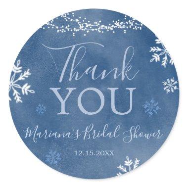 White Blue Snow in Love Snowflake Bridal Thank You Classic Round Sticker