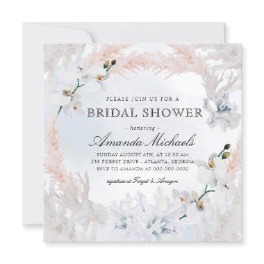 White & Blush Floral Beach Blue Bridal Shower Invitations