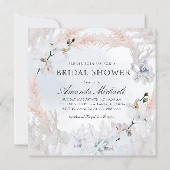 White & Blush Floral Beach Blue Bridal Shower Invitations