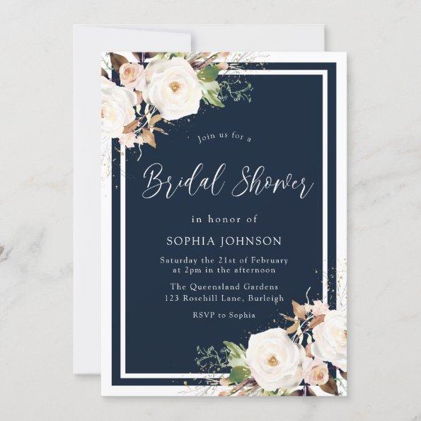 White & Blush Flowers Navy Indigo Bridal Shower Invitations