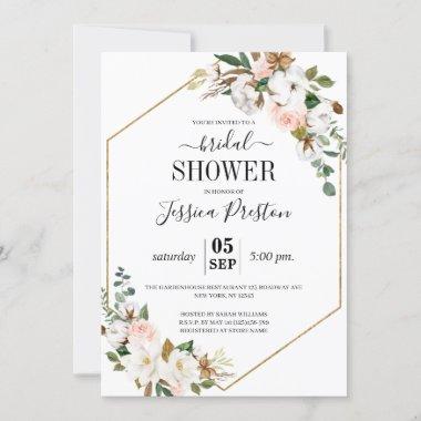 White & Blush Magnolia Floral Bridal Shower Invitations