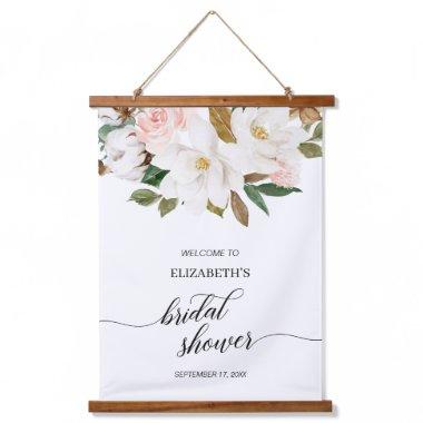 White Blush Magnolia Floral Bridal Shower Welcome Hanging Tapestry