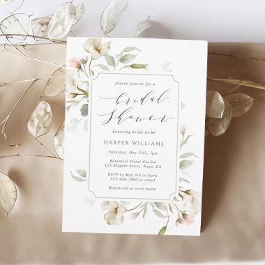 White Blush Sage Floral Bridal Shower Invitations