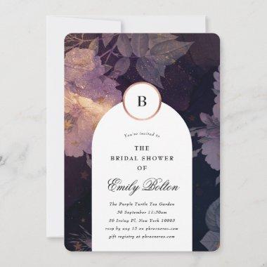 White Boho Purple Floral Arch Gold Bridal Shower Invitations