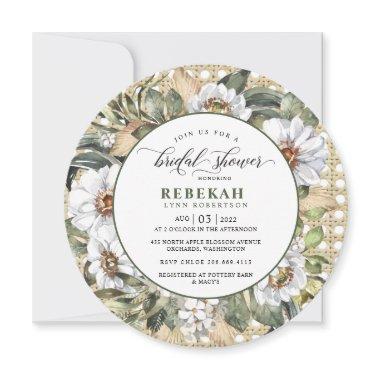 White Botanical Round Bridal Shower Invitations