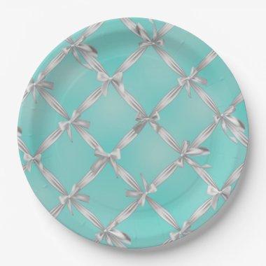 White Bows Turquoise Robin's Egg Blue Bridal Party Paper Plates