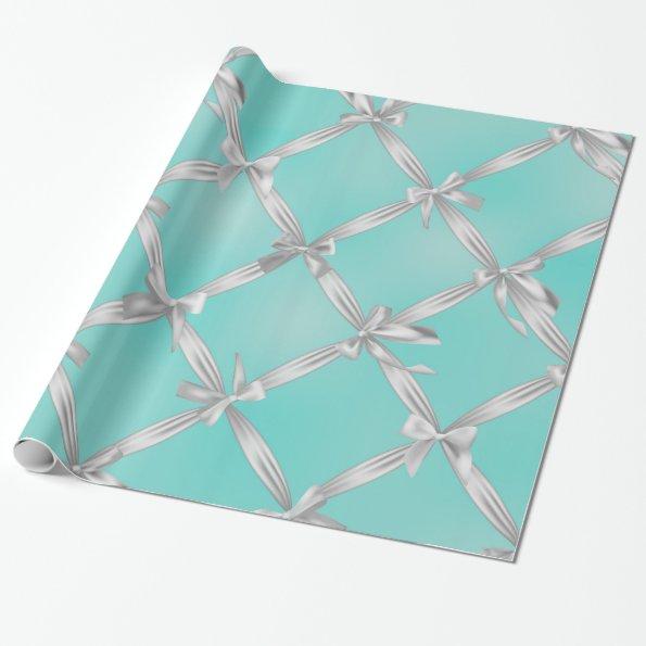 White Bows Turquoise Robin's Egg Blue Bridal Party Wrapping Paper