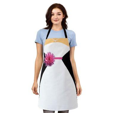 White Bridal Gown with Pink Flower and Pearls Apron