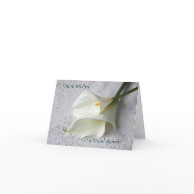 white calla lilies on linen bridal shower invite