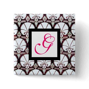 WHITE CARNATIONS DAMASK MONOGRAM pink fuchsia Pinback Button